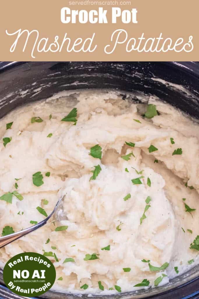 an overhead of a crock pot of creamy potatoes with Pinterest pin text and NO AI sticker.