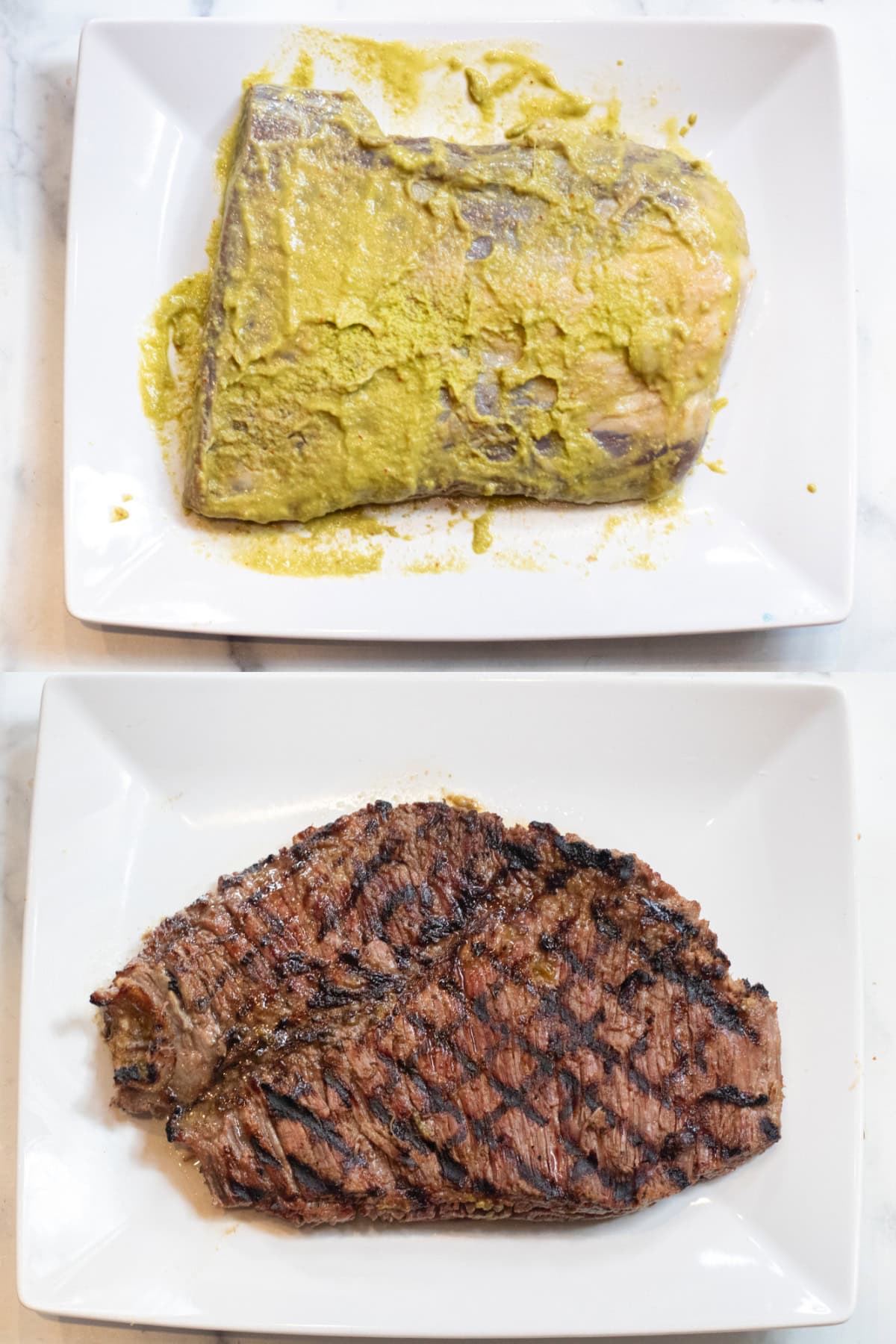 a marinade covered flank steak on a plate and then it grilled.