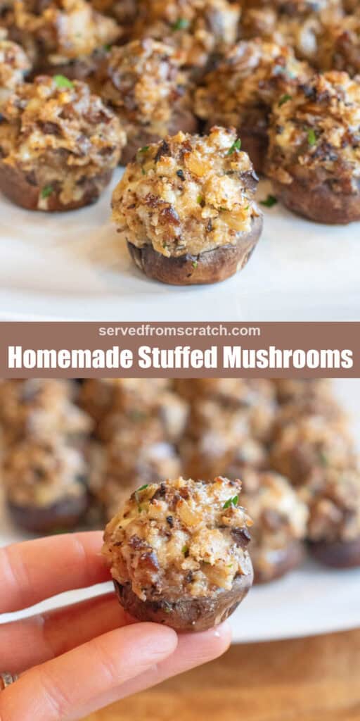 a plate of stuffed mushrooms, Pinterest pin text, and a hand holding a stuffed mushroom.