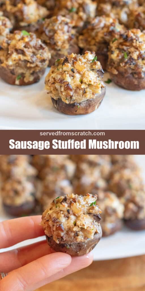 a plate of stuffed mushrooms, Pinterest pin text, and a hand holding a stuffed mushroom.