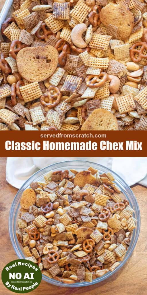 chex mix on a tray, Pinterest pin text, and an overhead of a bowl of chex mix with NO AI sticker.