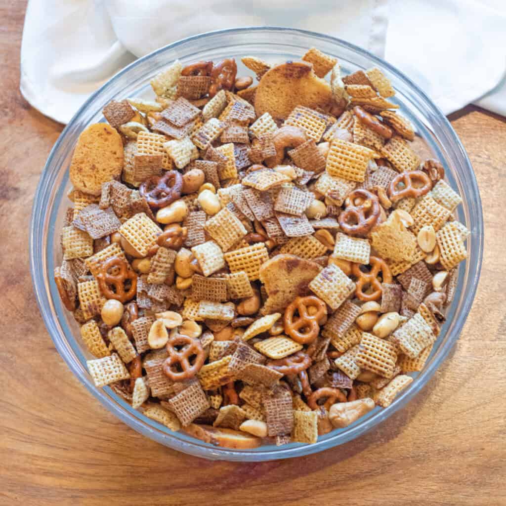 an overhead of a big bowl of chex mix.