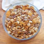 an overhead of a big bowl of chex mix.