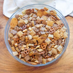 an overhead of a big bowl of chex mix.
