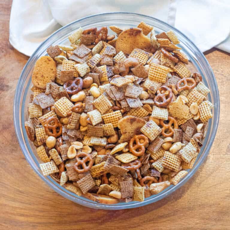 an overhead of a big bowl of chex mix.