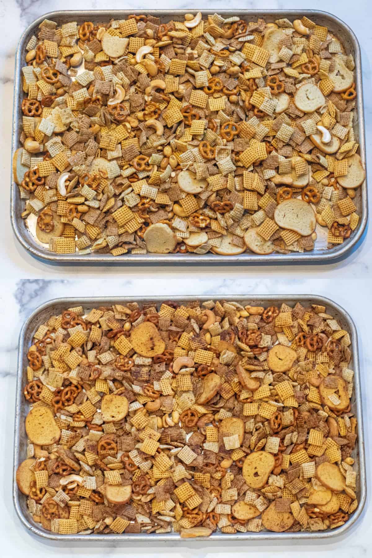 a tray of unbaked chex mix and a tray of baked chex mix.