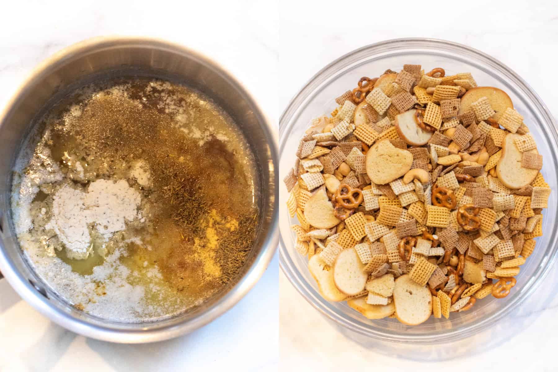 a pot with butter and spices and a bowl of chex mix and pretzels etc.