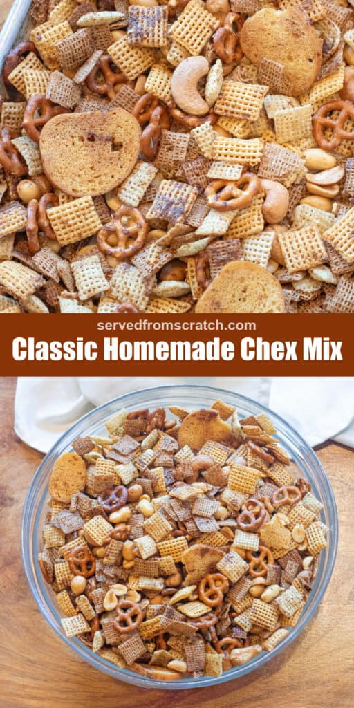 chex mix on a tray, Pinterest pin text, and an overhead of a bowl of chex mix.