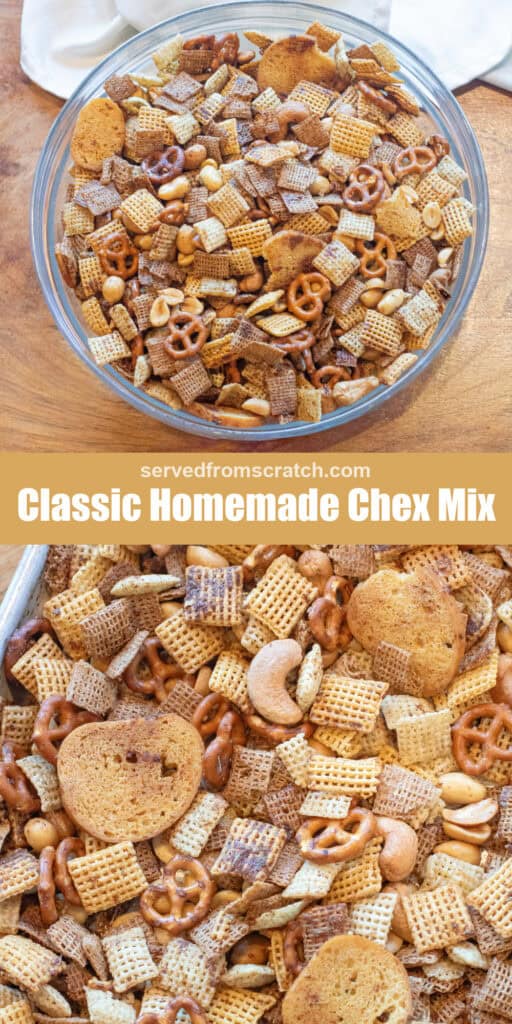 an overhead of a bowl of chex mix, Pinterest pin text, and a close up of the chex mix on a tray.