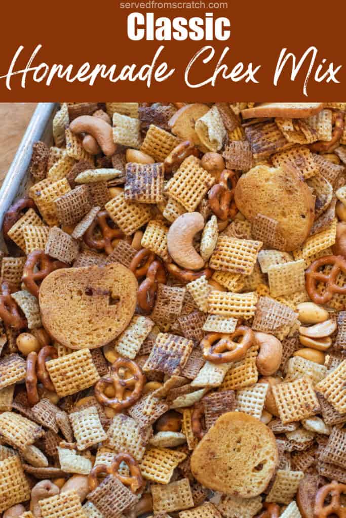 a tray of chex mix and Pinterest pin text.
