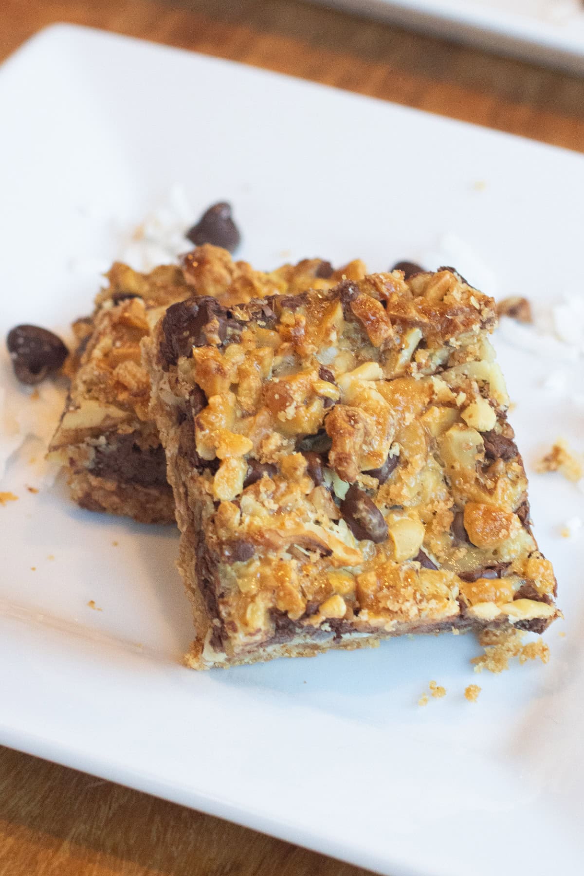 two dessert bars with chocolate chips and coconut layered on a white plate.