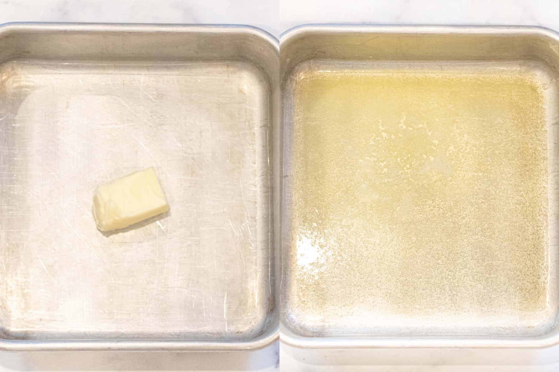 two square trays, one with butter and then the butter melted.
