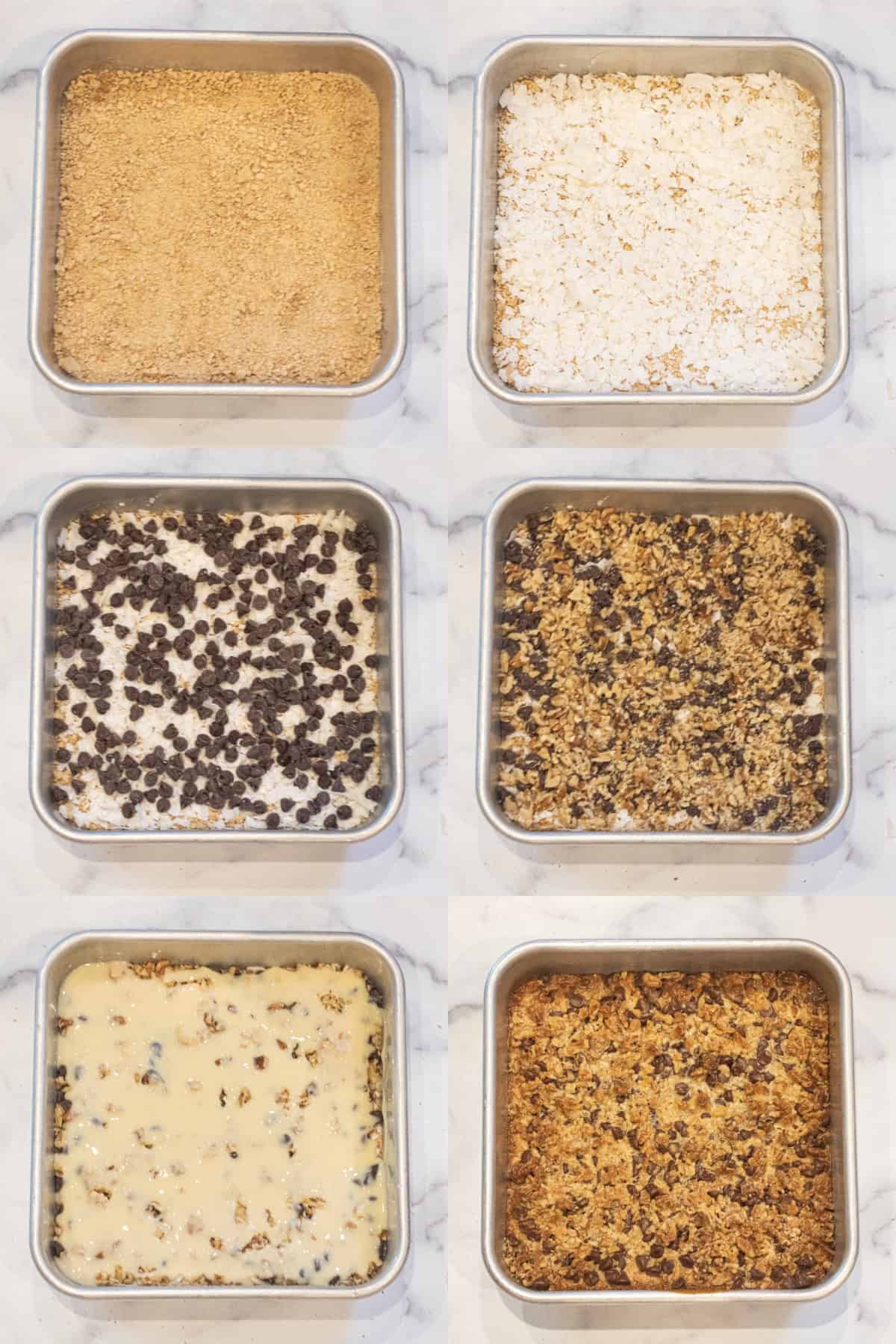 6 pictures of a square baking tray, one with graham crackers, then with flaked coconut on top, then with chocolate chips, then with walnuts, then with condensed milk, and it all baked.