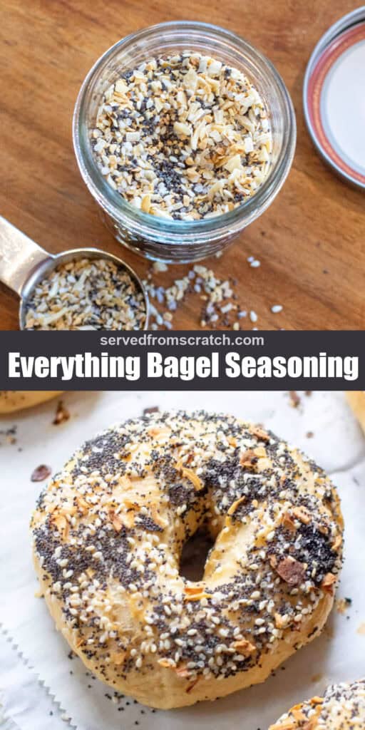 a labeled jar of everything bagel seasoning open with a tablespoon filled with seasoning next to it with Pinterest pin text and a picture of a homemade everything bagel.