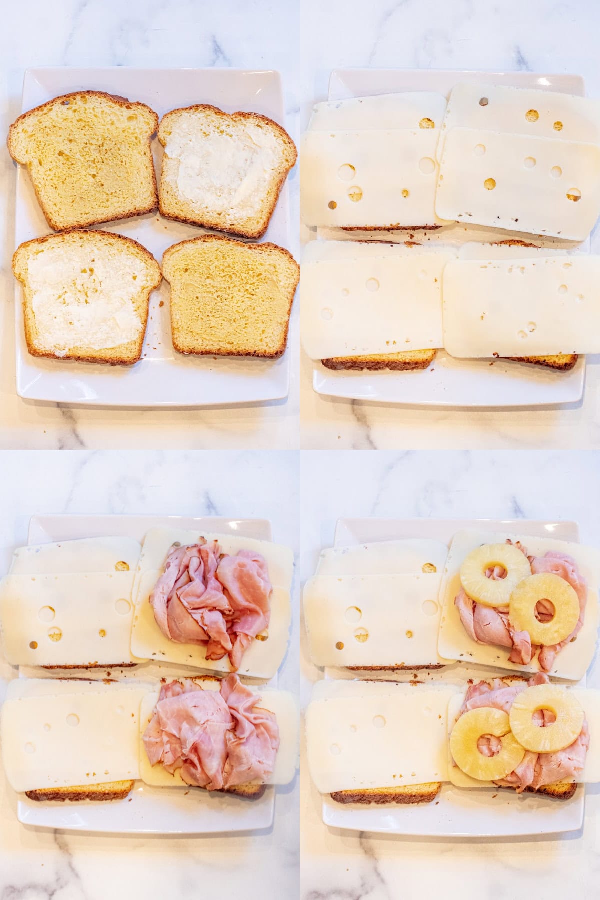 4 pictures of a plate with 4 slices of bread, one with butter and mustard, one with cheese, then with ham, and then with pineapple.