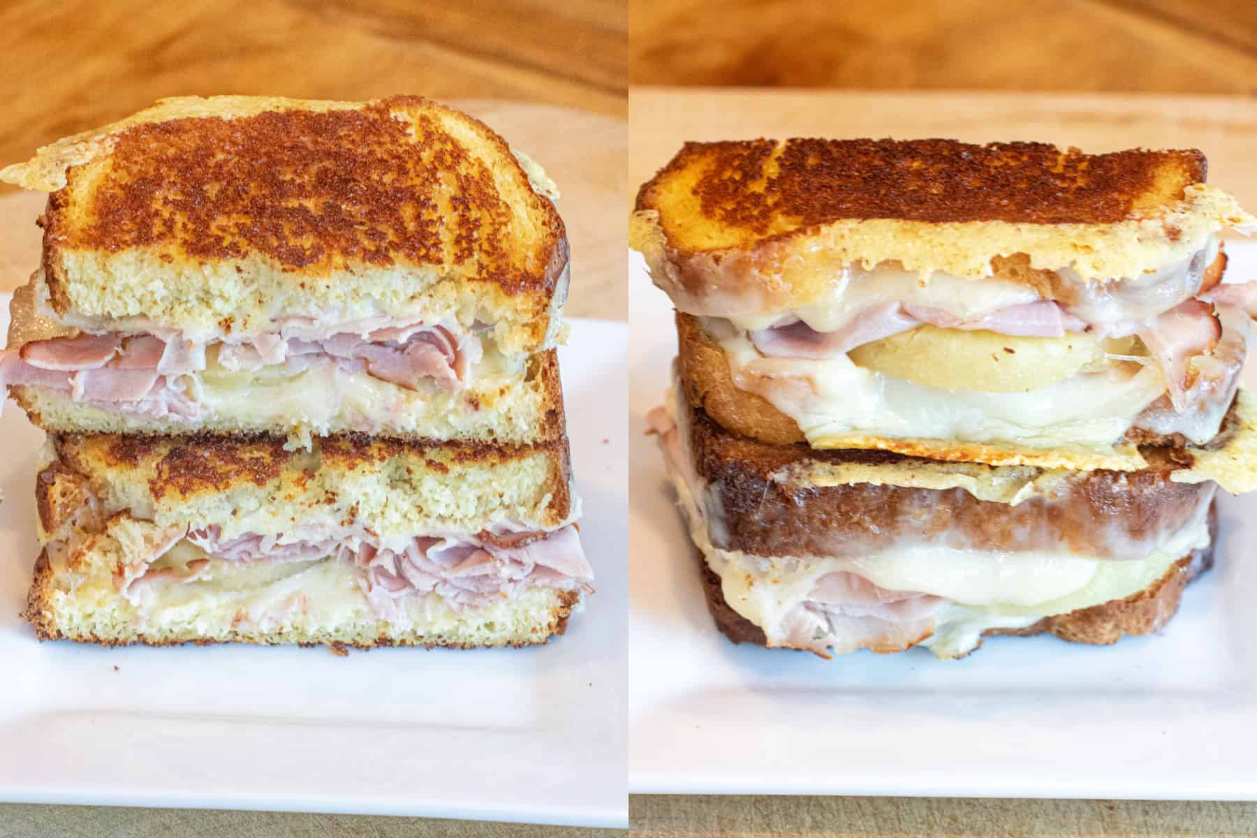 two pictures of a cut stacked grilled cheese with ham and pineapple, one from the front and one from the back.