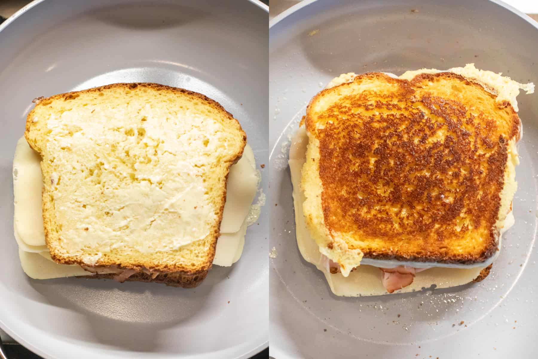 two pictures of grilled cheeses in a pan. One with butter and one toasted and fully cooked.