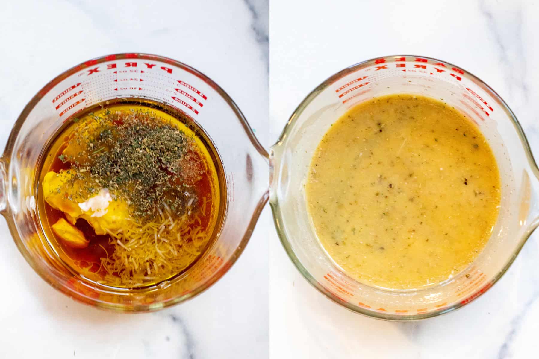 a picture of the overhead of two pyrex, one with all of the dressing ingredients added, the other of them all mixed together into a creamy dressing.