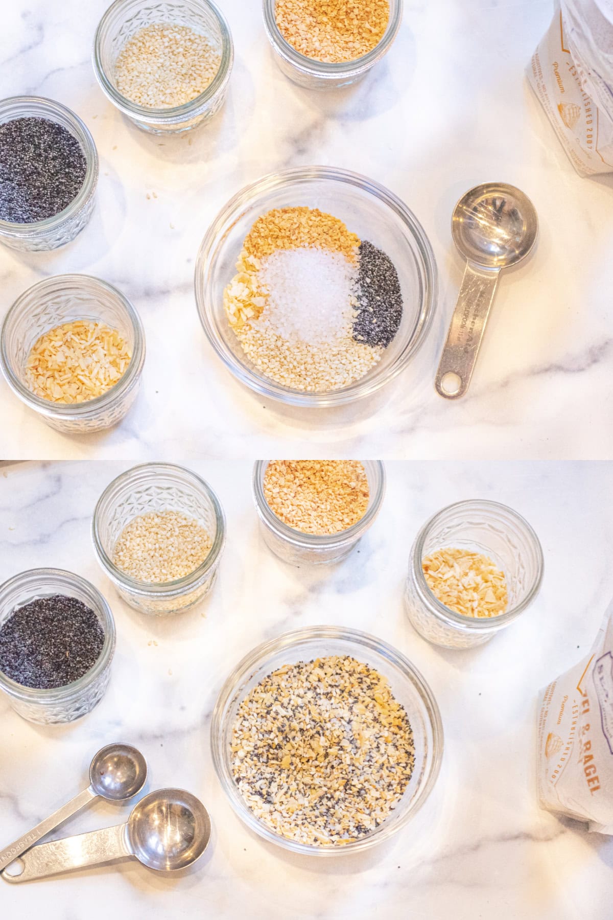 two pictures, one of a bowl surrounded by small mason jars and the seeds and poppy and garlic and onion in the bowl, then it all mixed in the bowl with the bowl surrounded by jars and measuring spoons.