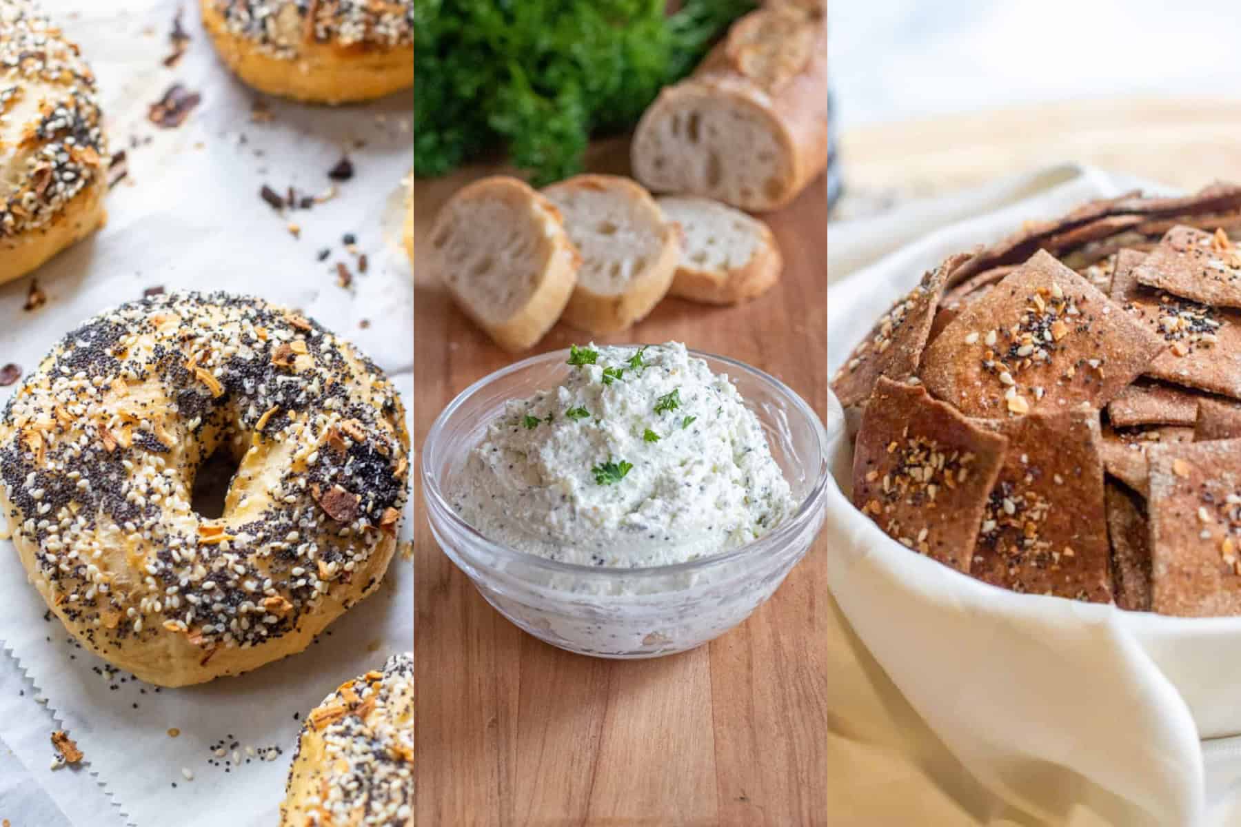 a picture of an everything bagel, a bowl of dip, and a bowl of crackers with everything bagel seasoning.