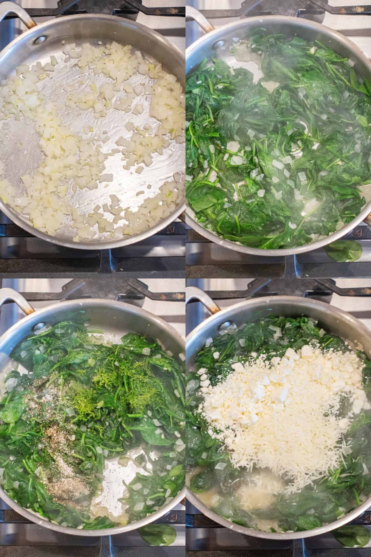 4 pictures of saute pans, one with onions and garlic, one with spinach, then herbs and seasonings, and then with cheeses added.