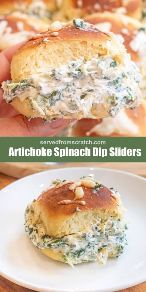 a cheesy slider filled with spinach artichoke dip with Pinterest pin text and a plate with a slider.
