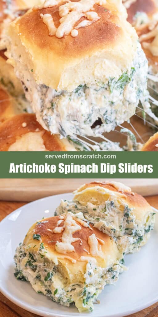 a cheesy slider filled with spinach artichoke dip with Pinterest pin text and a plate with two sliders.