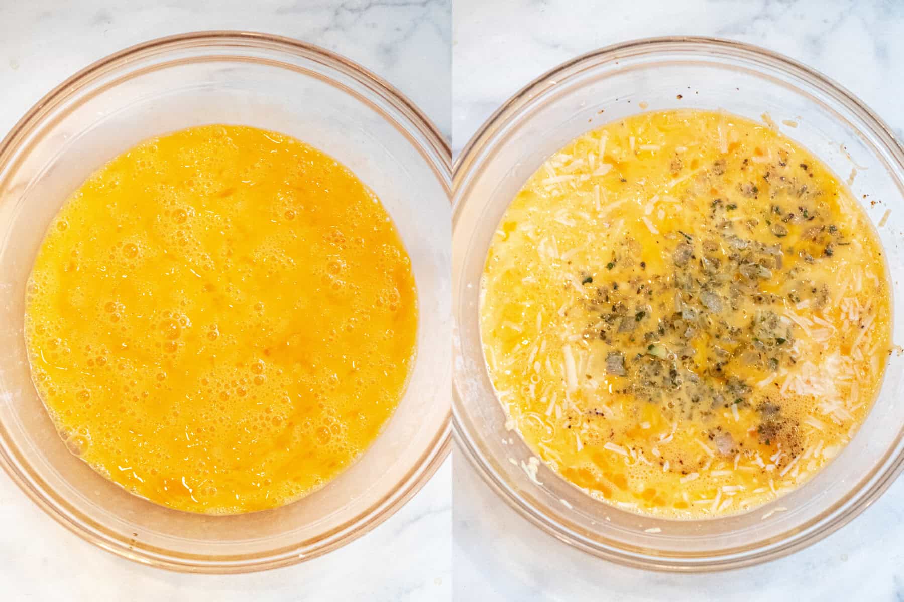 two bowls, one of whisked eggs and one with the eggs added with spices, milk, and cheeses.