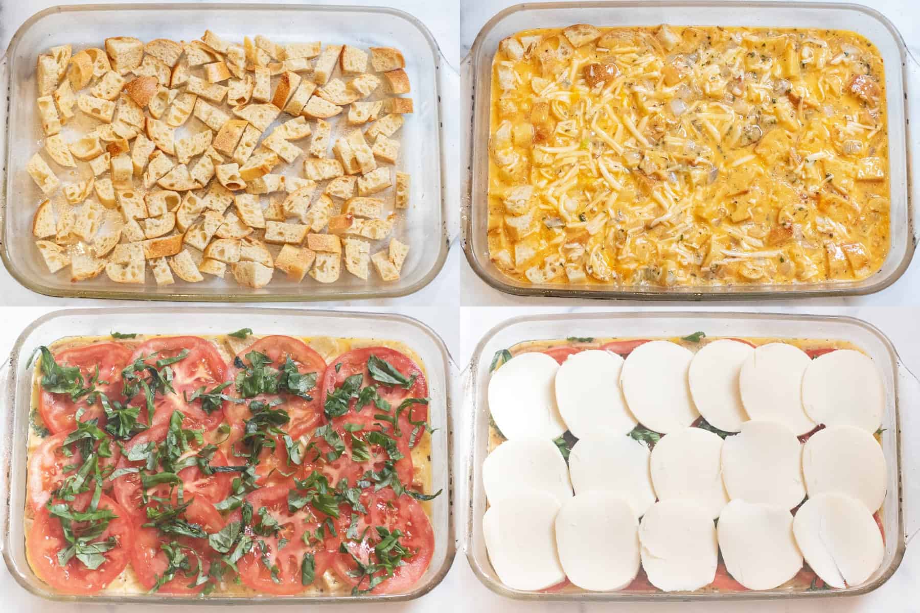 4 pictures of a baking dish. One with diced baguette, then with egg mixture on top, then with sliced tomatoes and chopped basil, and then topped with sliced fresh mozzarella.