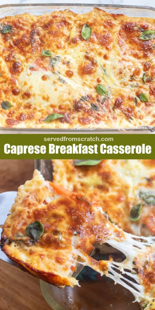 an overhead of a baked casserole with browned cheese, Pinterest pin text, and a piece being pulled out of the baking dish with a cheese pull.