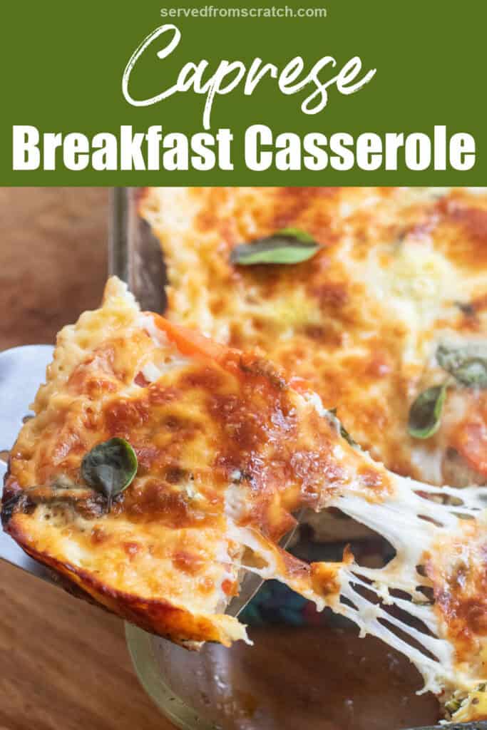 a piece of cheesy breakfast casserole being pulled out of a tray with a cheese pull and Pinterest pin text.