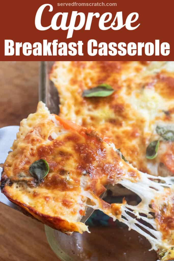 a piece of cheesy breakfast casserole being pulled out of a tray with a cheese pull and Pinterest pin text.