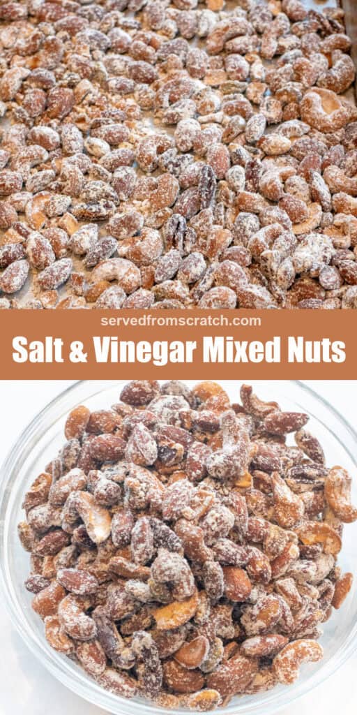 a tray of mixed nuts coated in vinegar powder, Pinterest pin text, and a bowl of nuts with vinegar powder.