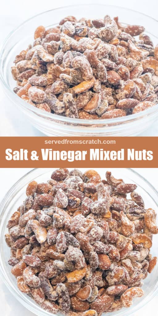 a bowl of mixed nuts with vinegar powder in a bowl with Pinterest pin text and another bowl of the same.