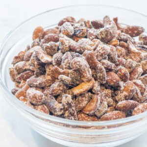 a bowl of mixed nuts with vinegar powder in a bowl.