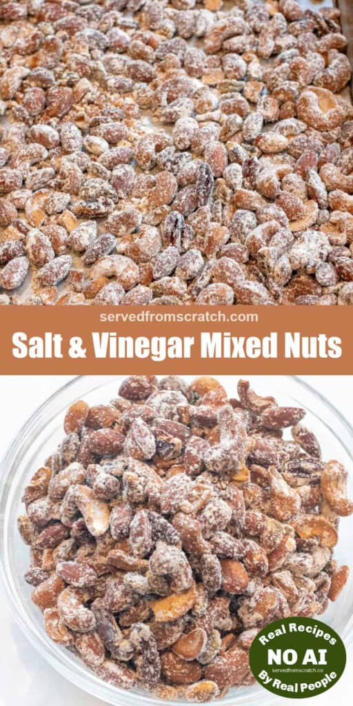 a tray of mixed nuts coated and a large bowl of salt and vinegar coated nuts with Pinterest pin text and NO AI sticker.