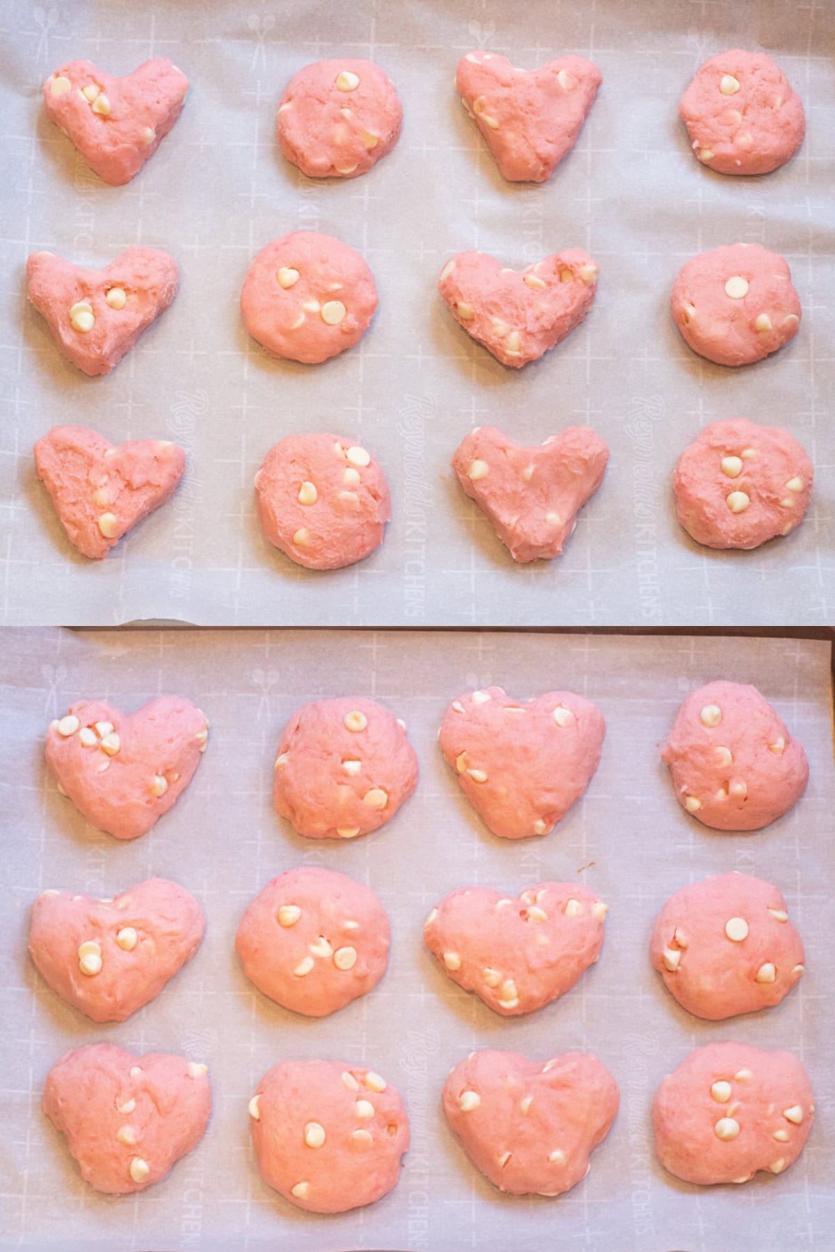 two trays of heart and circle pink cookies with white chocolate chips. One unbaked and one baked.
