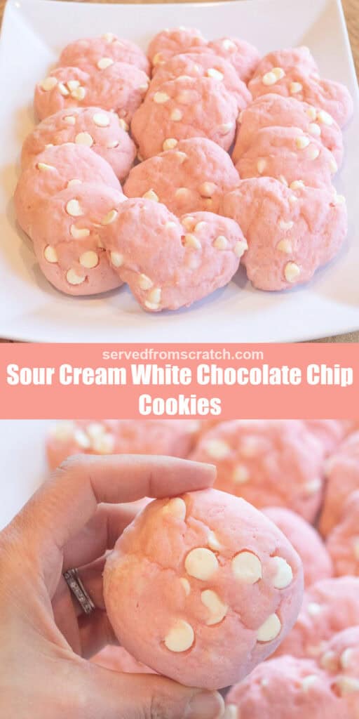 a plate of pink cookies, some heart shaped and with white chocolate chips with Pinterest pin text and a hand holding a cookie.