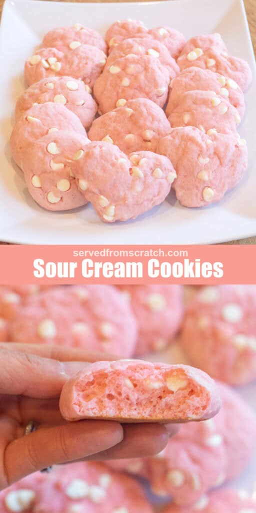 a plate of pink cookies, some heart shaped and with white chocolate chips with Pinterest pin text and a hand holding a cookie with a bite.