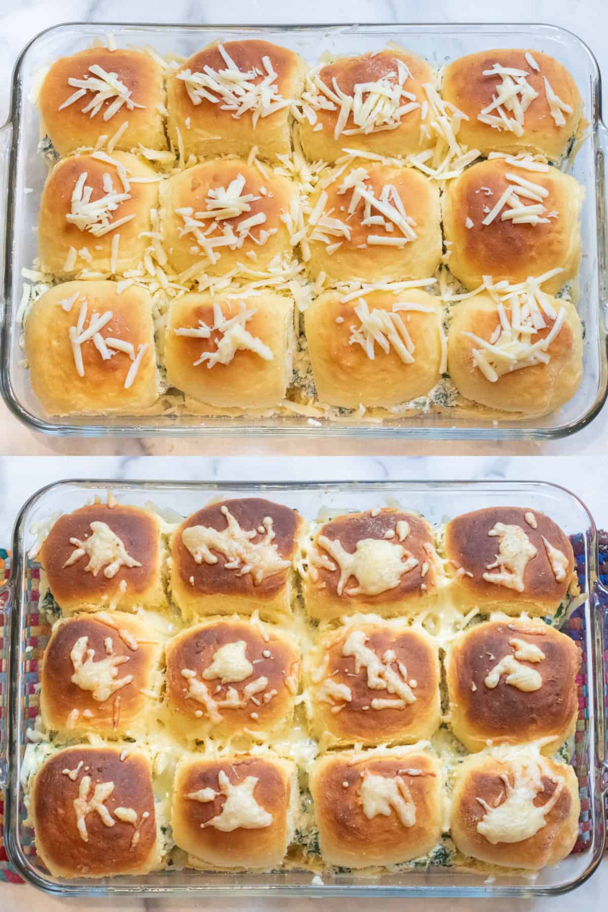 12 rolls in a tray with cheese on the top and then it all baked.