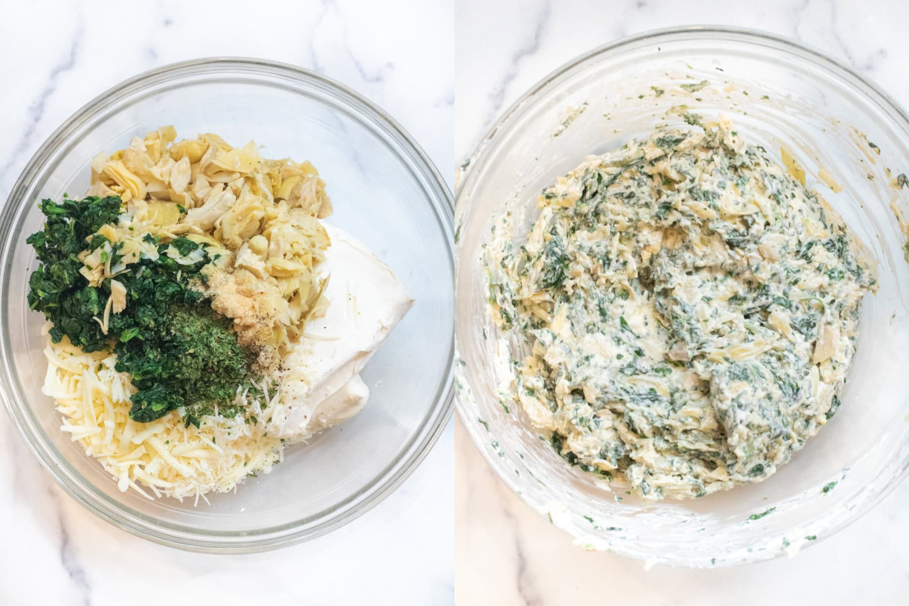 two bowls, one with cheeses, spinach, and artichokes and then it all mixed together.