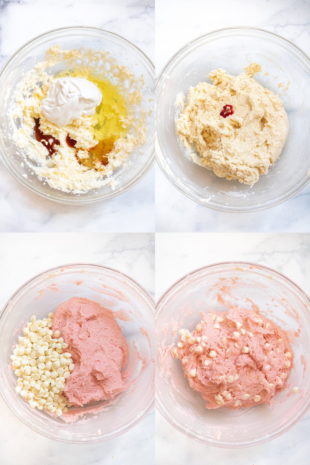 4 bowls, once with creamed eggs and flour and sour cream added and then flour added, and then food coloring added, and then white chocolate chips.