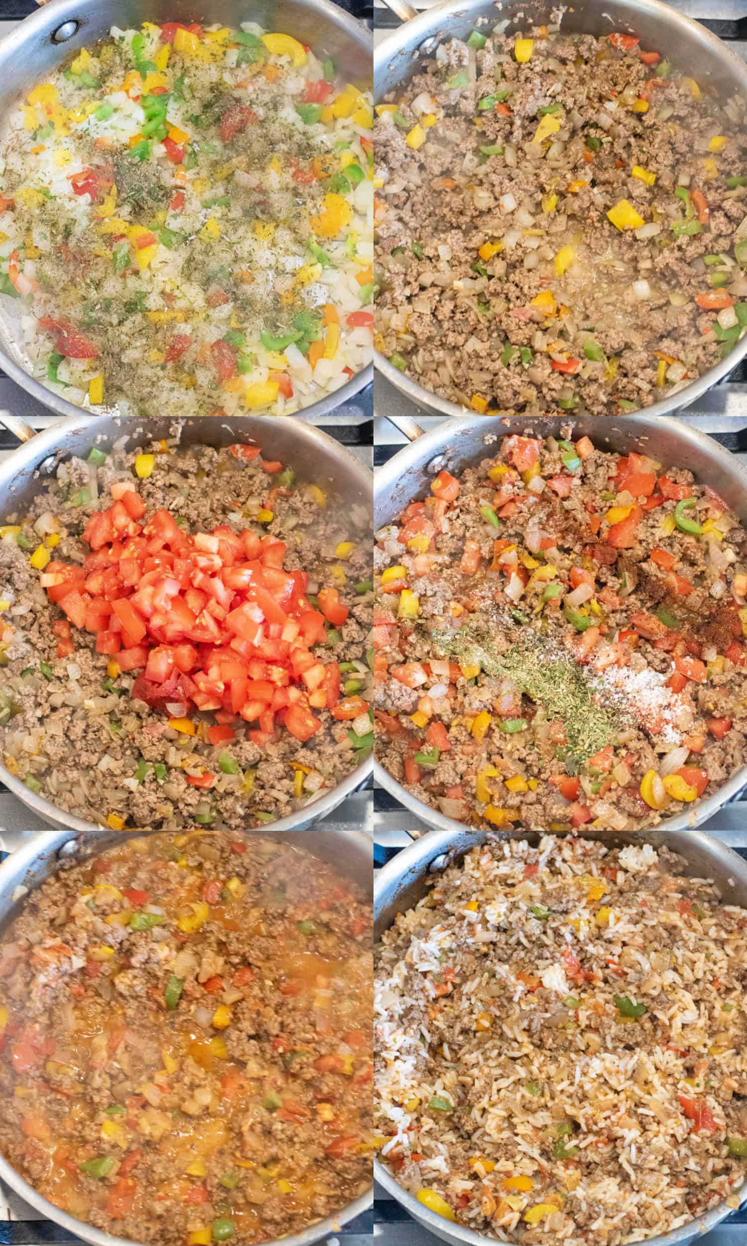 6 pictures of saute pans, one with onions and garlic and colored bell peppers sauteed with spices, then with cooked ground beef, then with diced tomatoes, with more spices, it all mixed well, and finally mixed with rice.