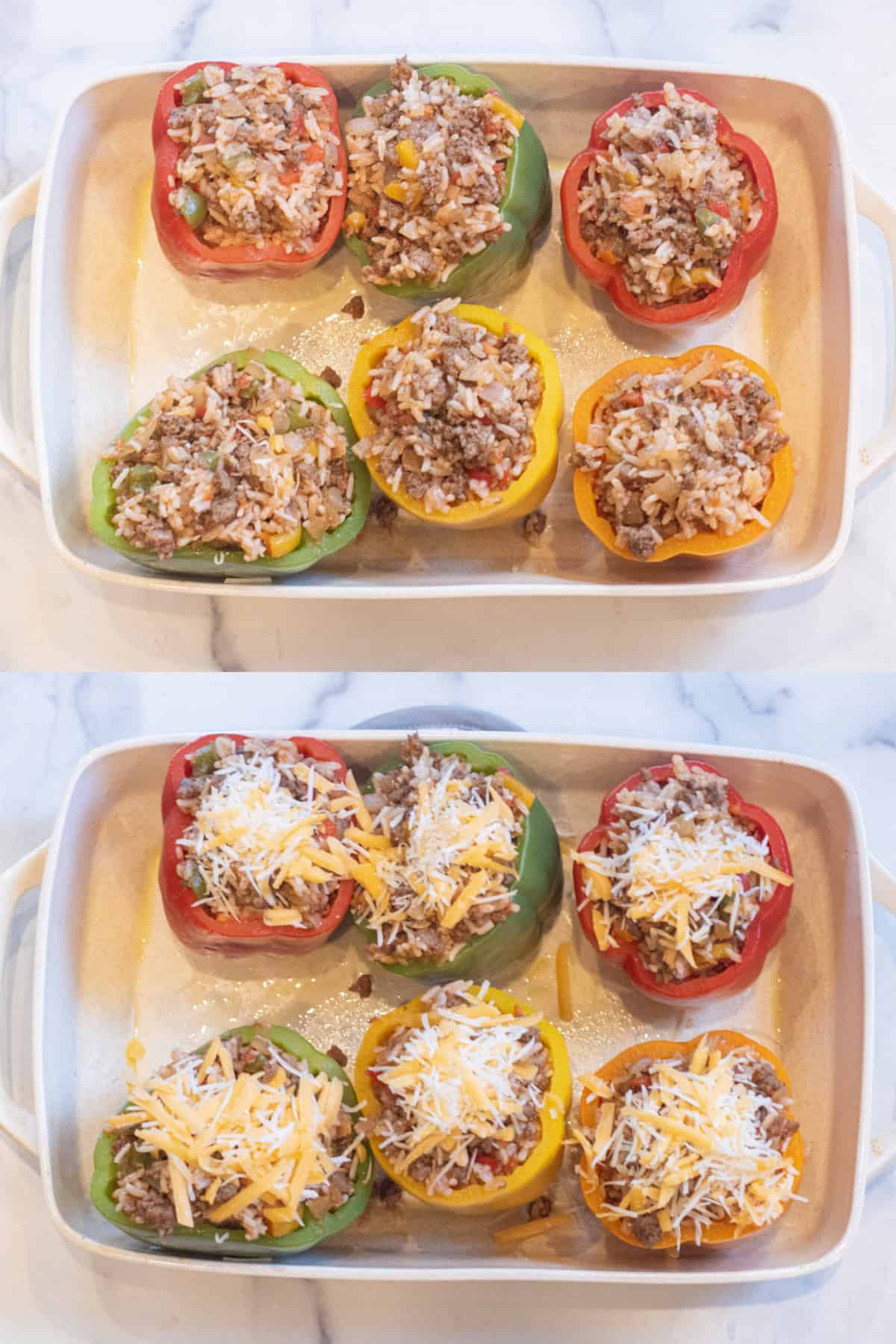 two baking trays, one with stuffed peppers and one with cheese on top of the stuffed peppers.