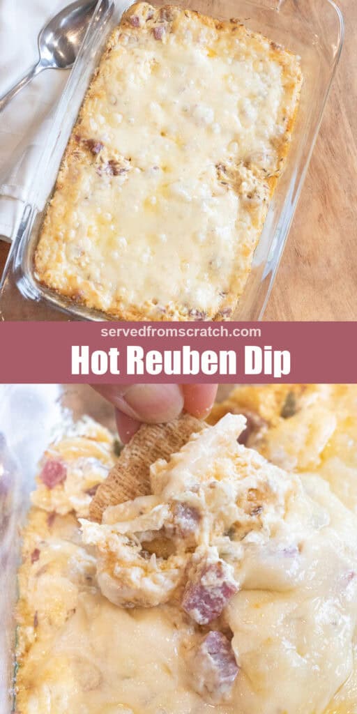 a baking tray with dip and then melted cheese on top with Pinterest pin text, and a hand holding a cracker dipping it into a Reuben dip with melted cheese.