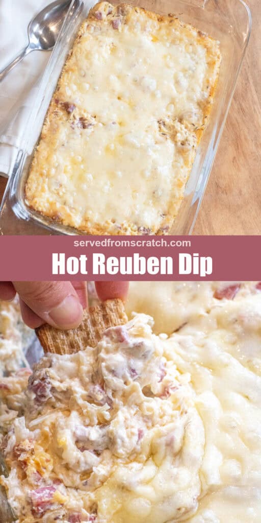 a baking tray with dip and then melted cheese on top with Pinterest pin text, and a hand holding a cracker dipping it into a Reuben dip with melted cheese.