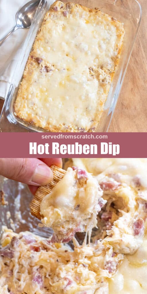 a baking tray with dip and then melted cheese on top with Pinterest pin text, and a hand holding a cracker dipping it into a Reuben dip with melted cheese.