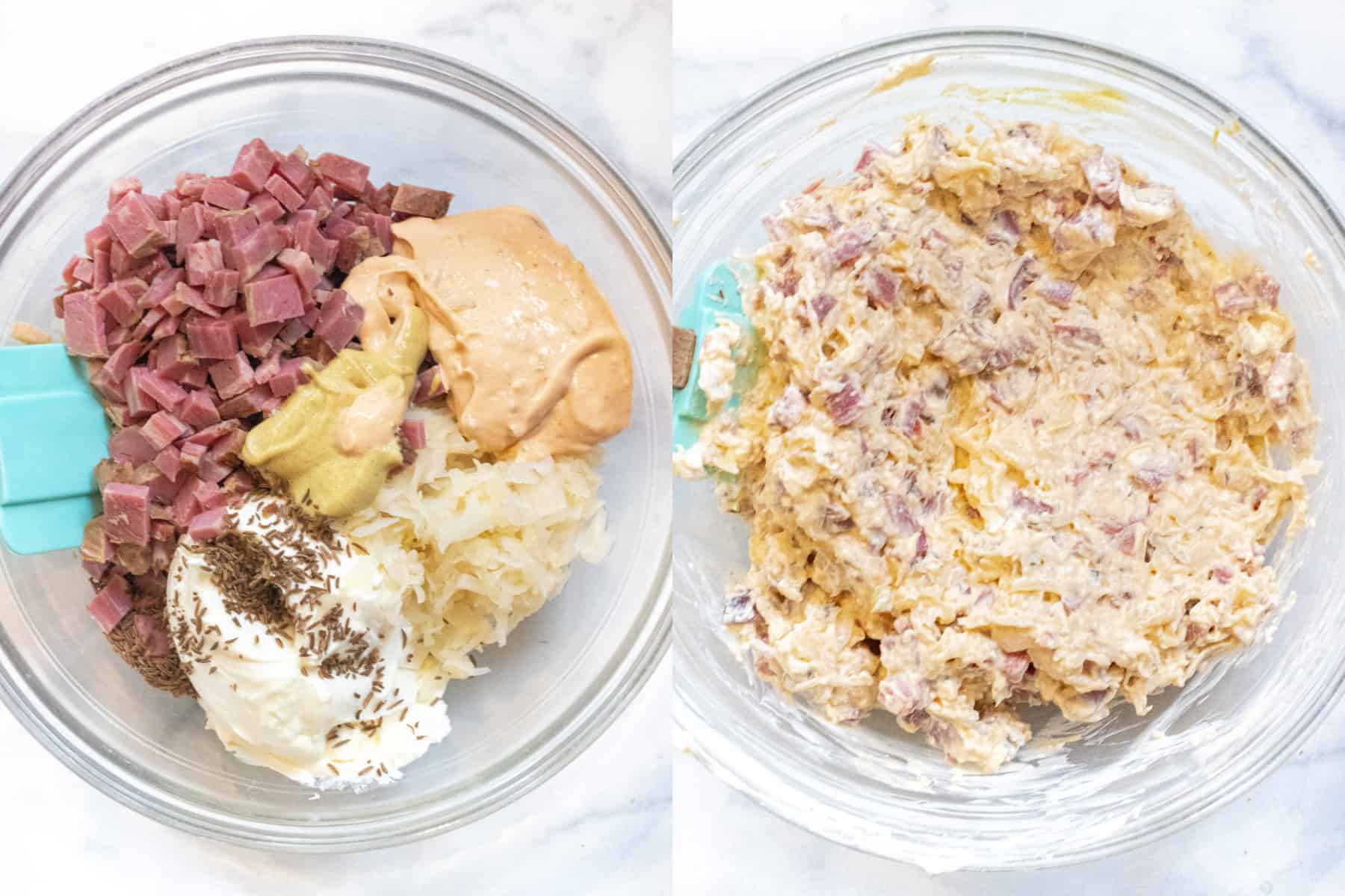 two bowls, one of diced corned beef and sauerkraut, dijon, and cream cheese and caraway seeds and then another with it all mixed together.