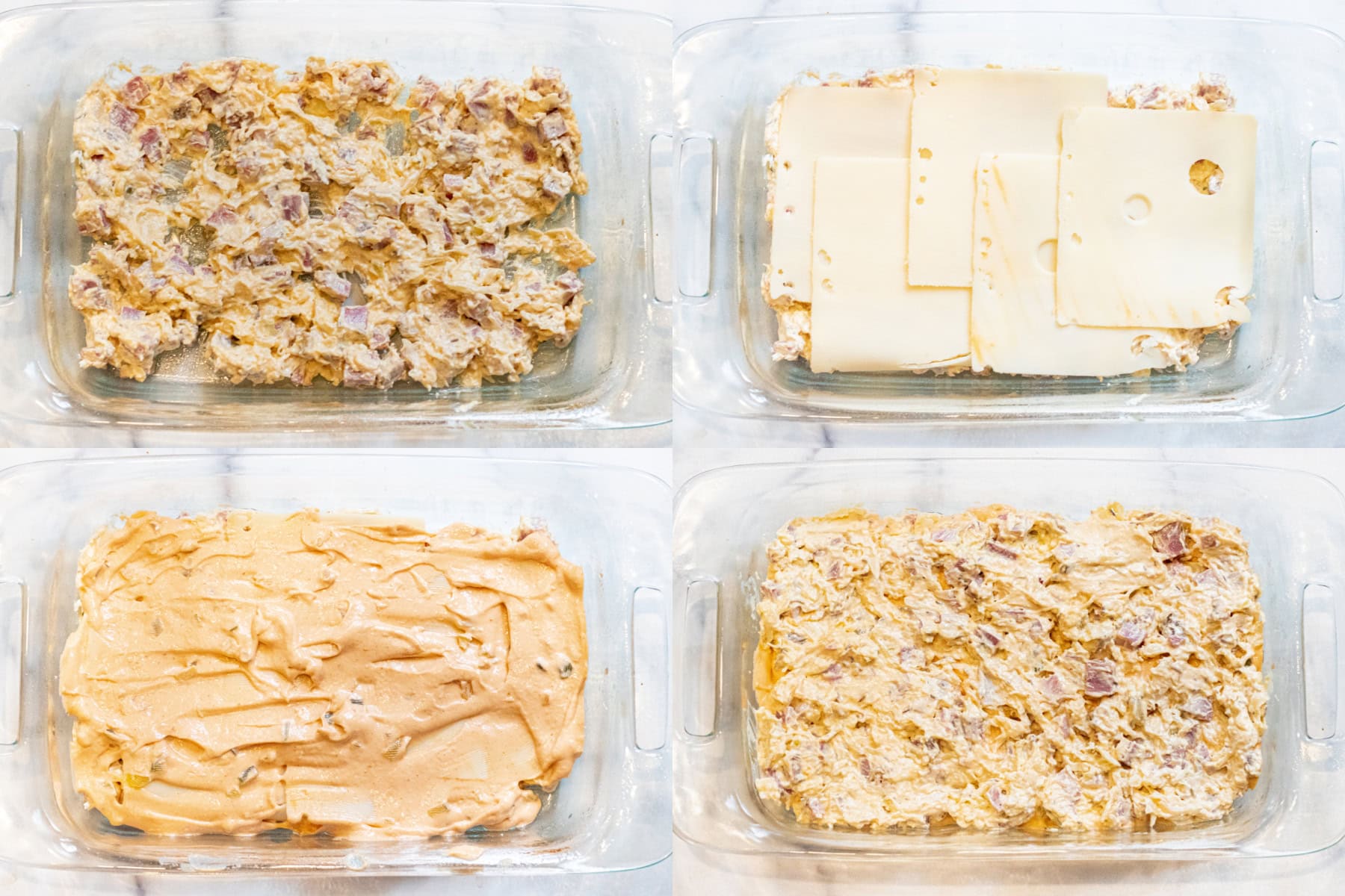 4 pictures, one of mix in a baking tray, the next with sliced cheese, the next with a layer of Russian dressing, and then more mix on top.