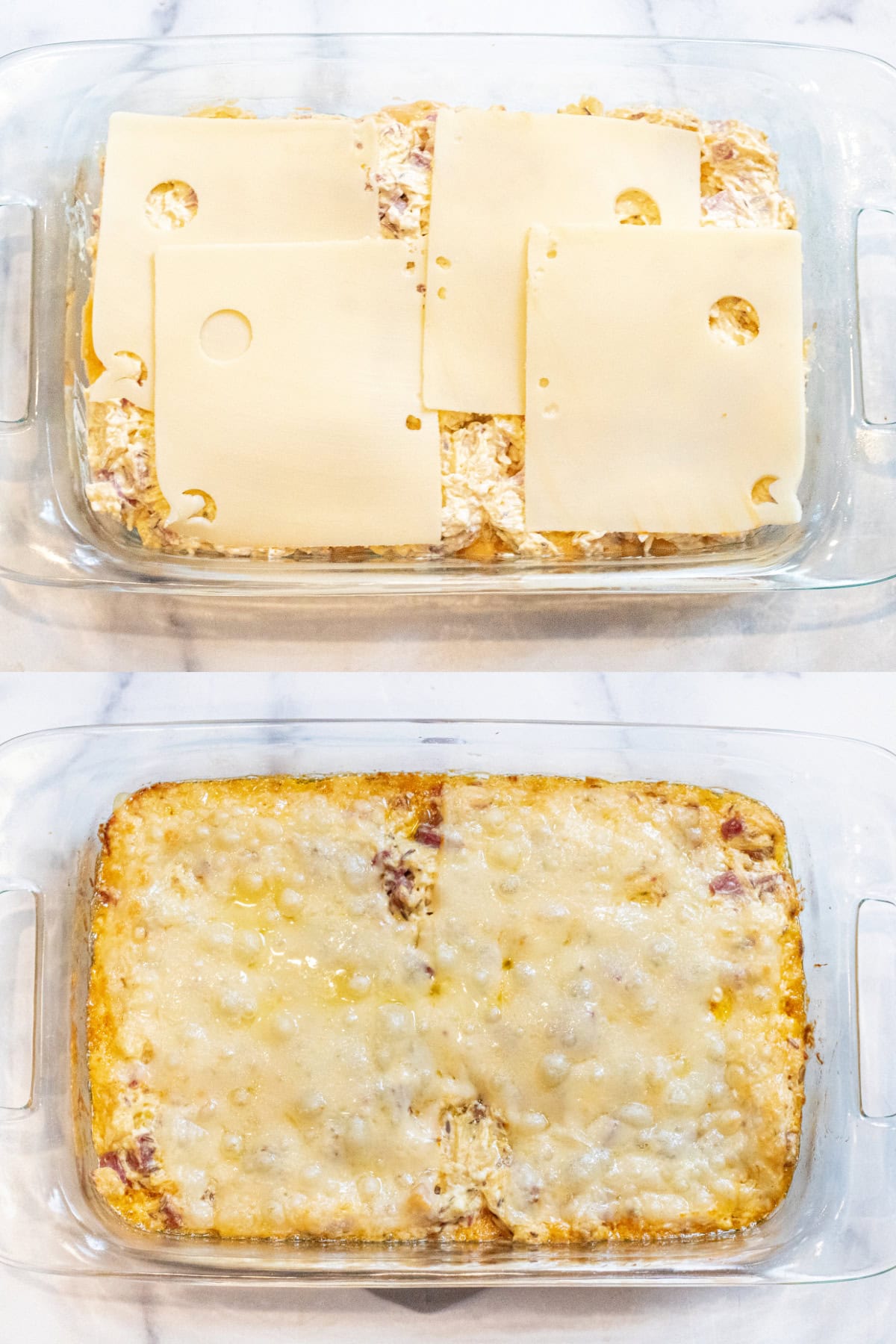 a tray with sliced swiss cheese and then it all baked with melted cheese.